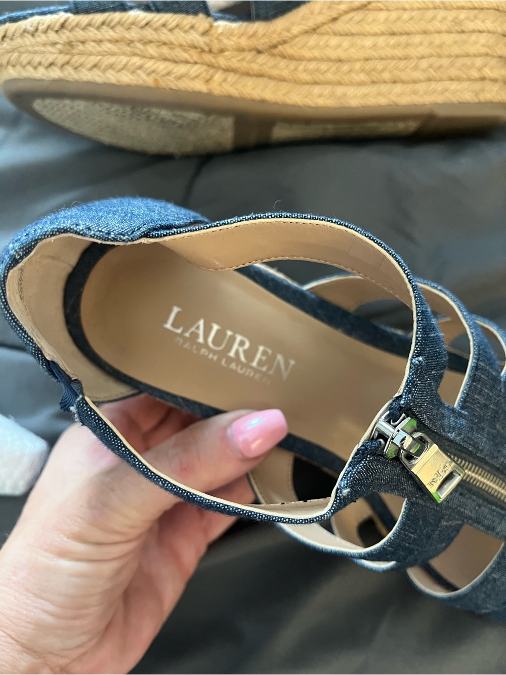 Lauren Ralph Lauren Denim Blue Zip Wedge Sandals - Picture 7 of 9